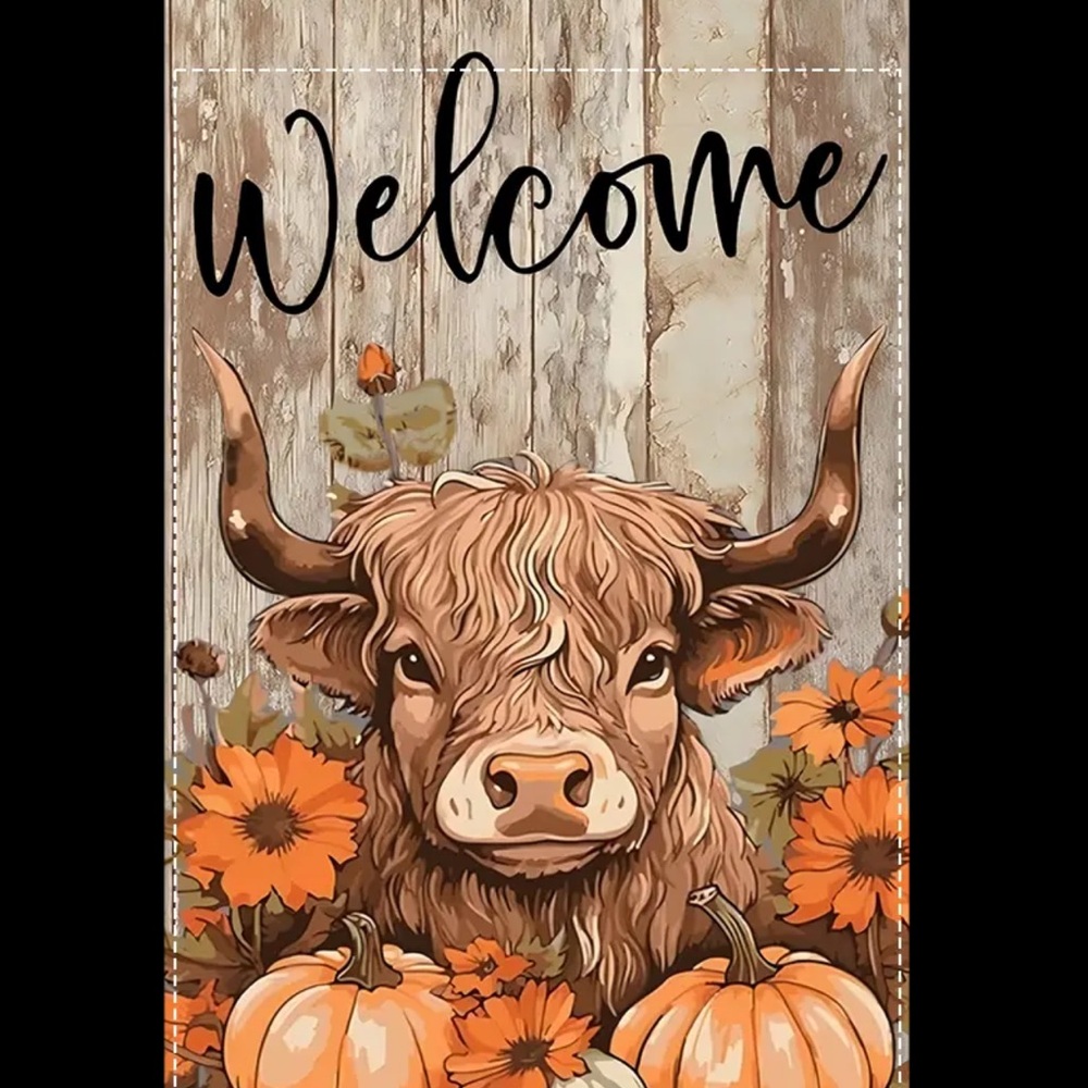 NIP Highland Cow Pumpkins Flowers “Welcome” Burlap Double Sided Flag